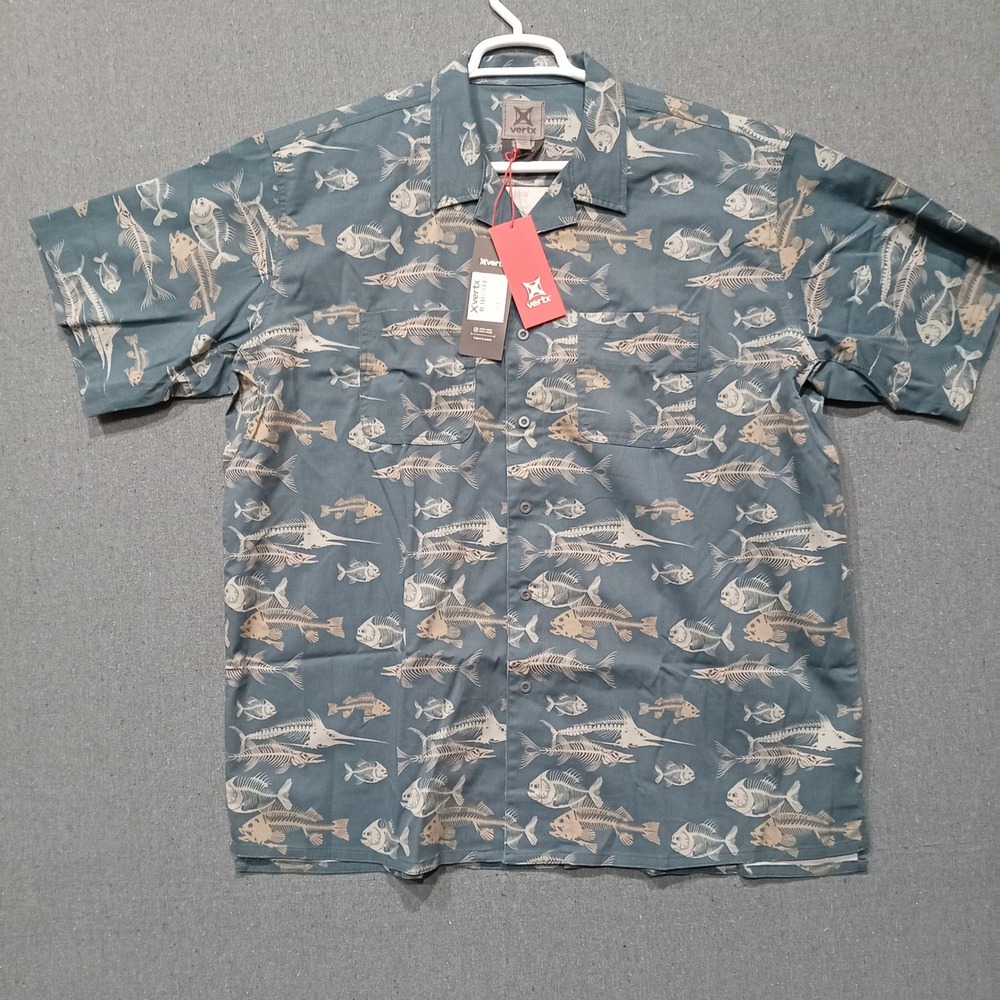 Vertx Mens Fish Skeleton Print Button Down Shirt Dead Sea Blue 2XL VTX1510 NEW